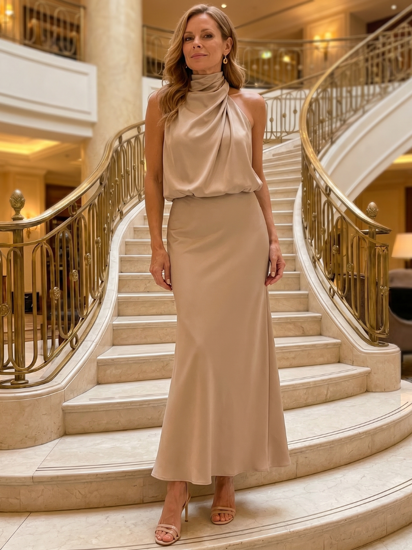 Vestido midi Nopal sem mangas com gola drapeada