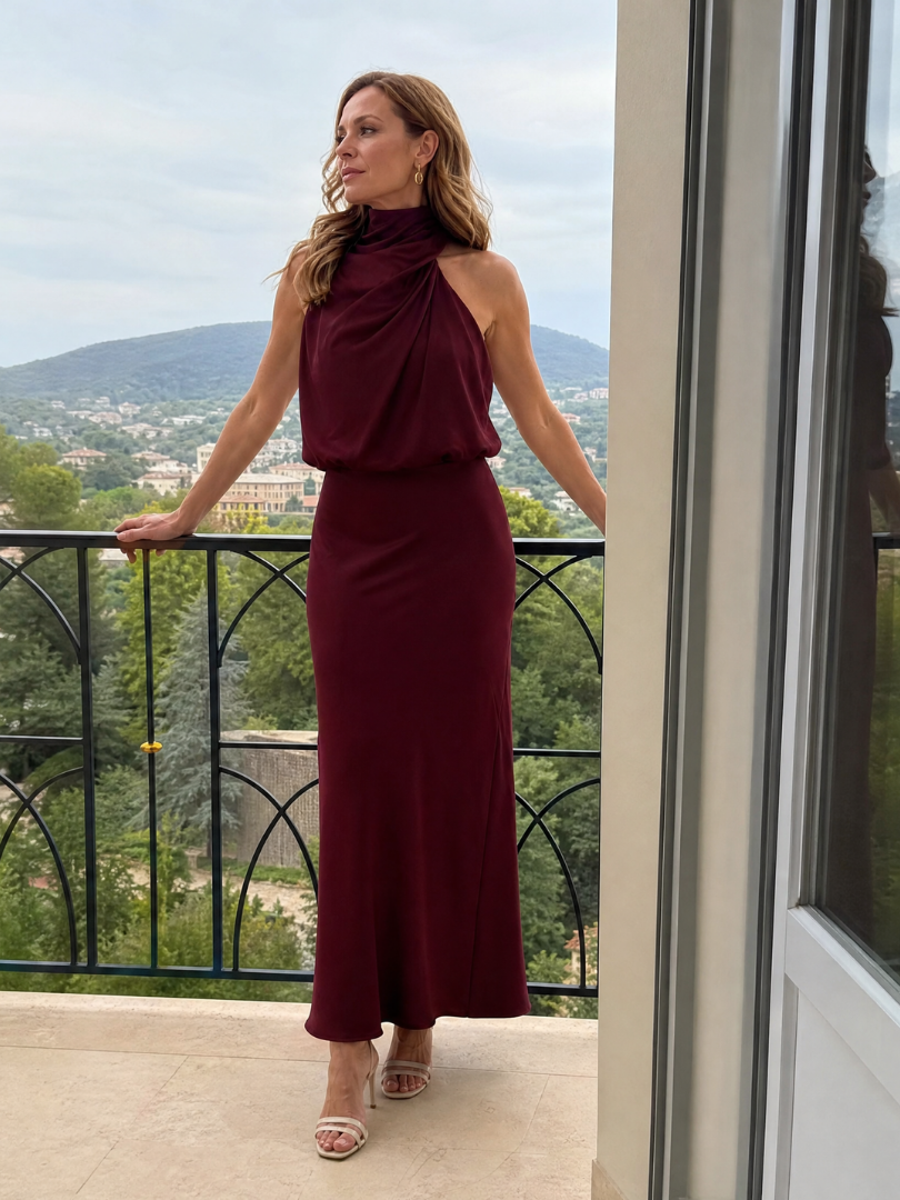 Vestido midi Nopal sem mangas com gola drapeada
