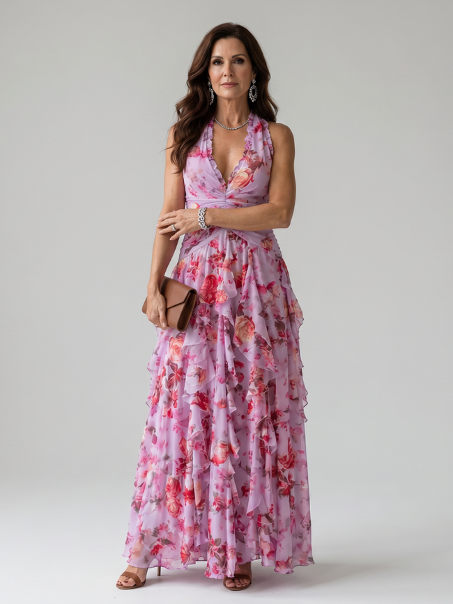 Vestido maxi Nori floral com corpo franzido