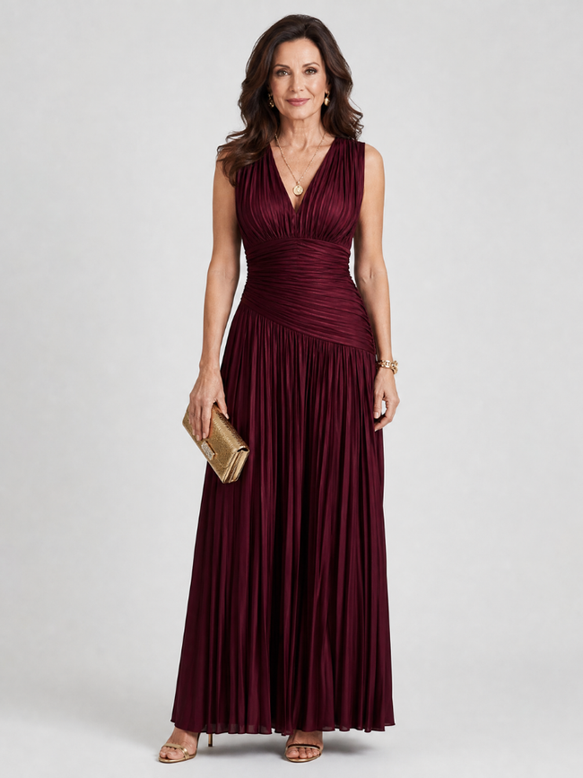 Vestido midi Lemar plissado sem mangas com decote em V