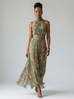 Vestido midi Mirelle com decote halter e franzido