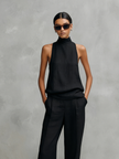 Conjunto Feminino Elegante de Top Sem Mangas e Calças em Algodão e Linho Preto