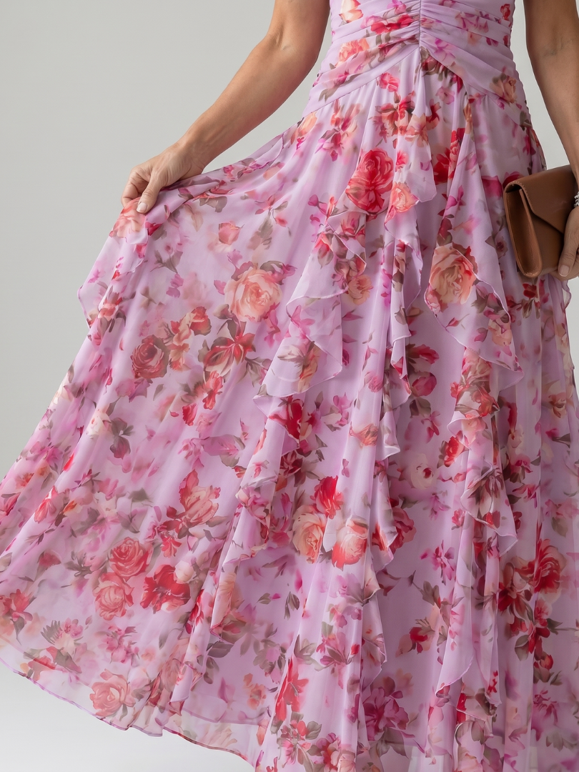 Vestido maxi Nori floral com corpo franzido