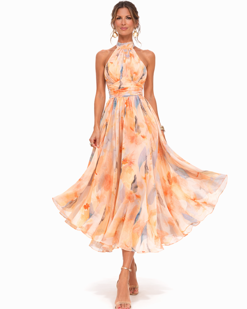 Madalena | Vestido Maxi Halter com Efeito Aquarela