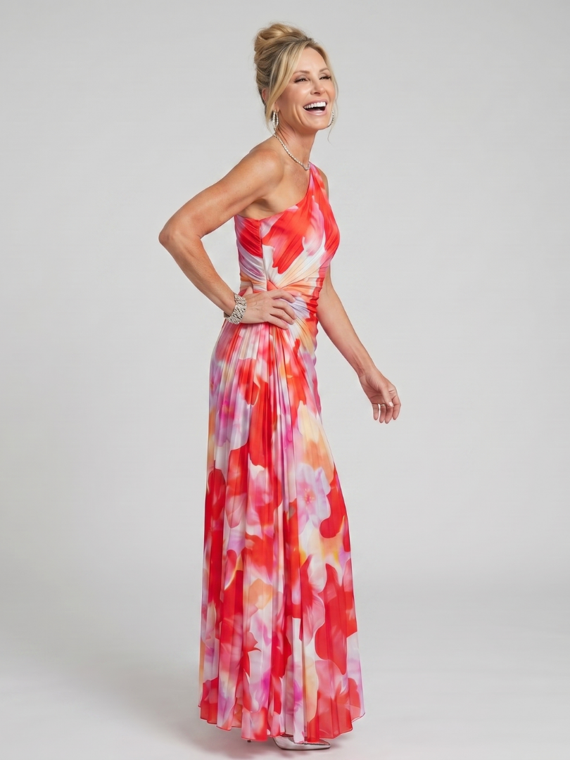 Vestido midi Taya de um ombro com corpo plissado