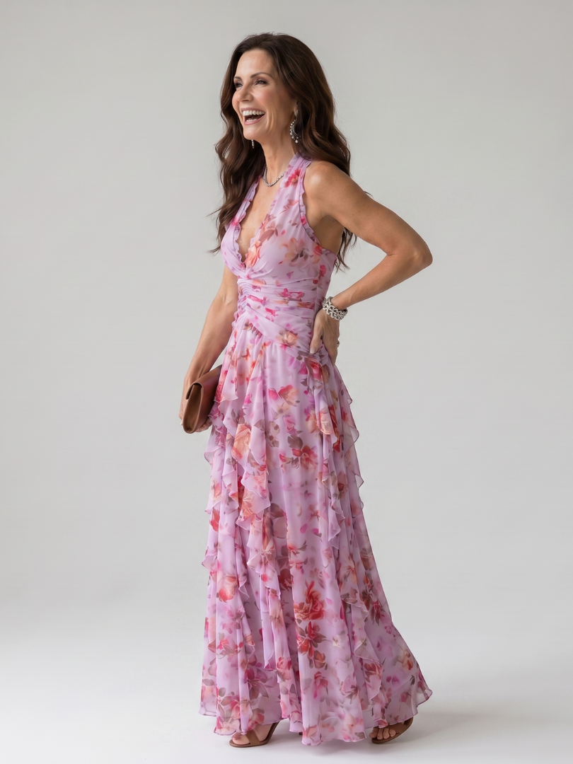 Vestido maxi Nori floral com corpo franzido