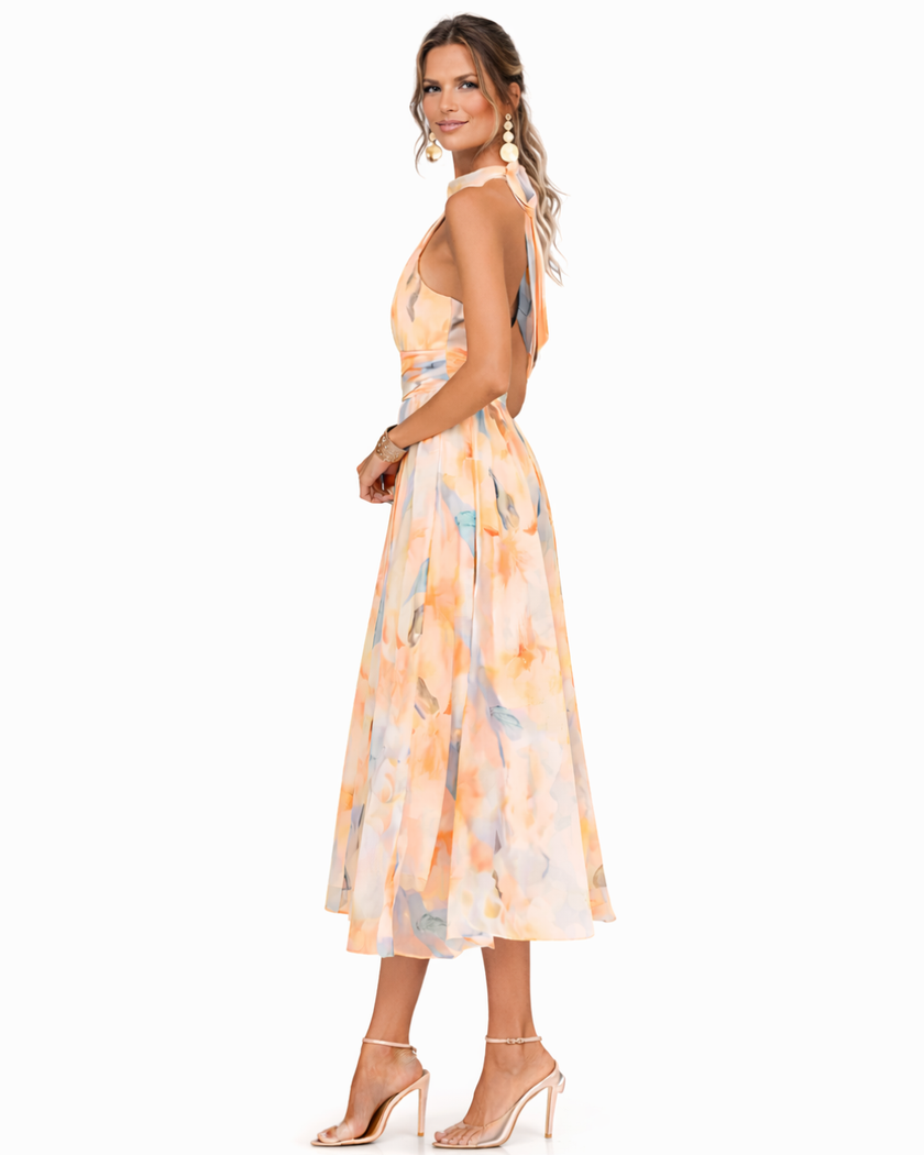 Madalena | Vestido Maxi Halter com Efeito Aquarela