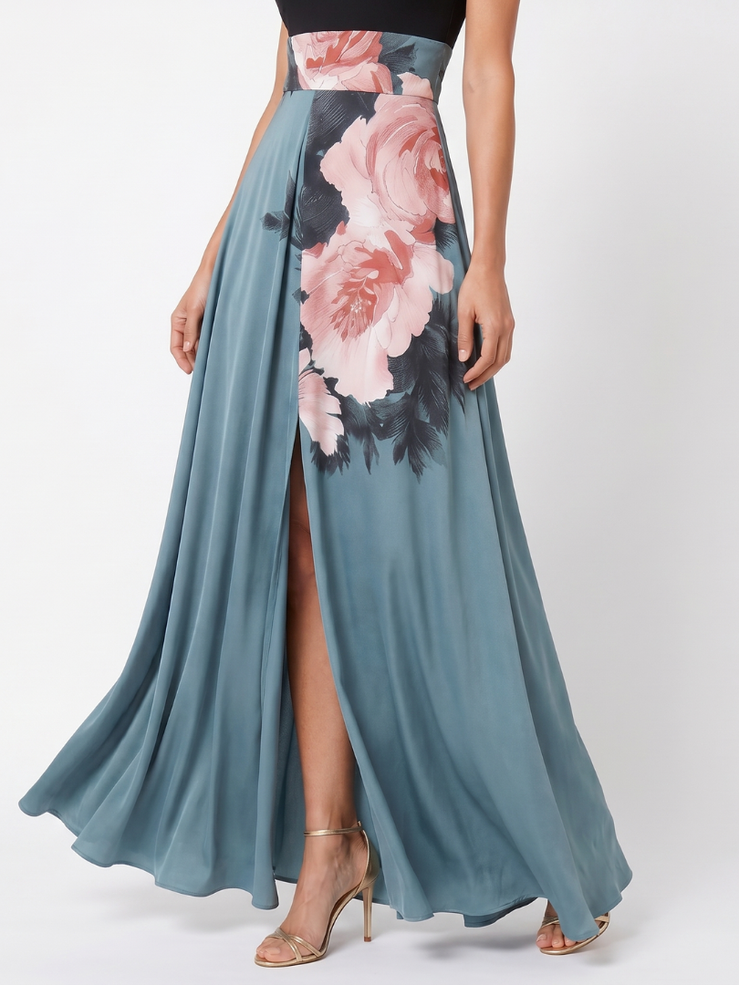 Vestido maxi Olympas halter com saia floral