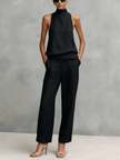 Conjunto Feminino Elegante de Top Sem Mangas e Calças em Algodão e Linho Preto