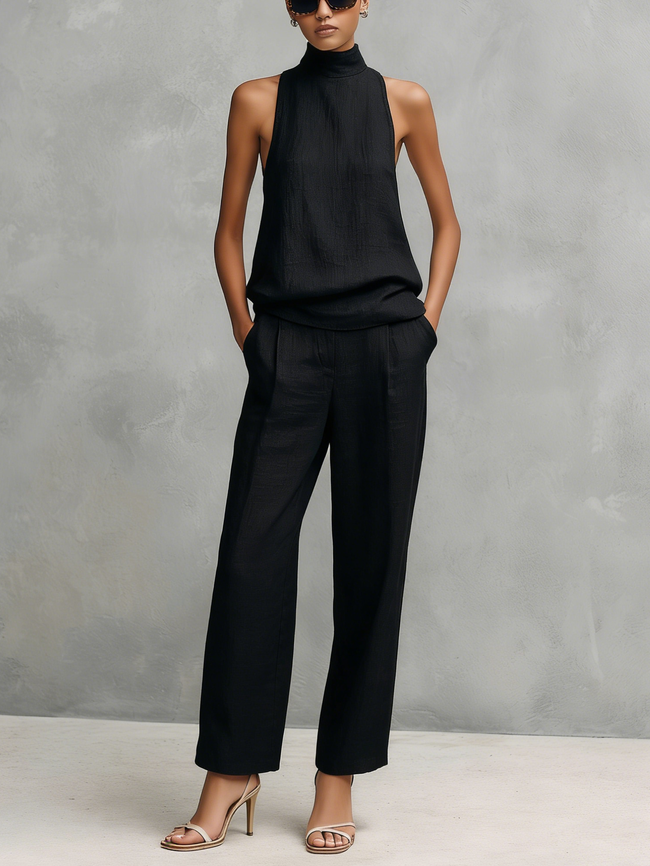 Conjunto Feminino Elegante de Top Sem Mangas e Calças em Algodão e Linho Preto