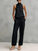 Conjunto Feminino Elegante de Top Sem Mangas e Calças em Algodão e Linho Preto