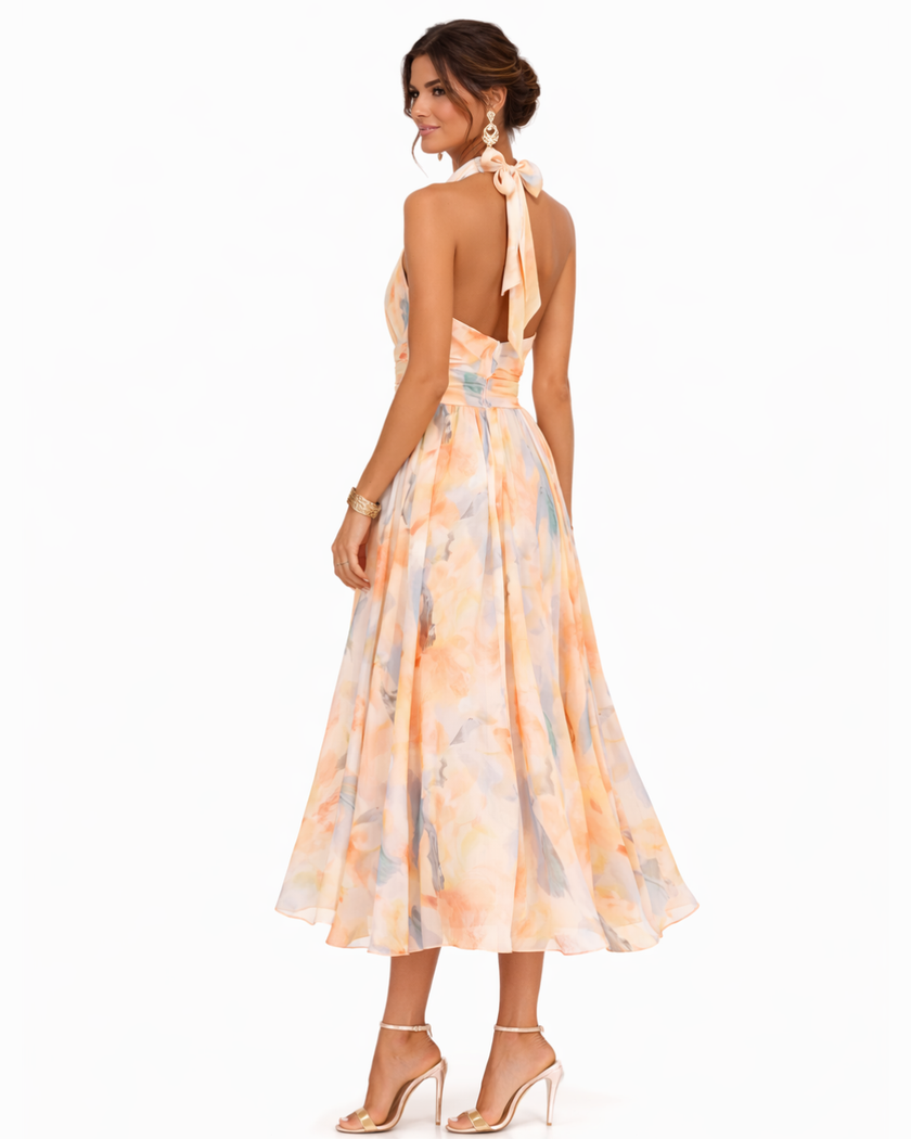 Madalena | Vestido Maxi Halter com Efeito Aquarela
