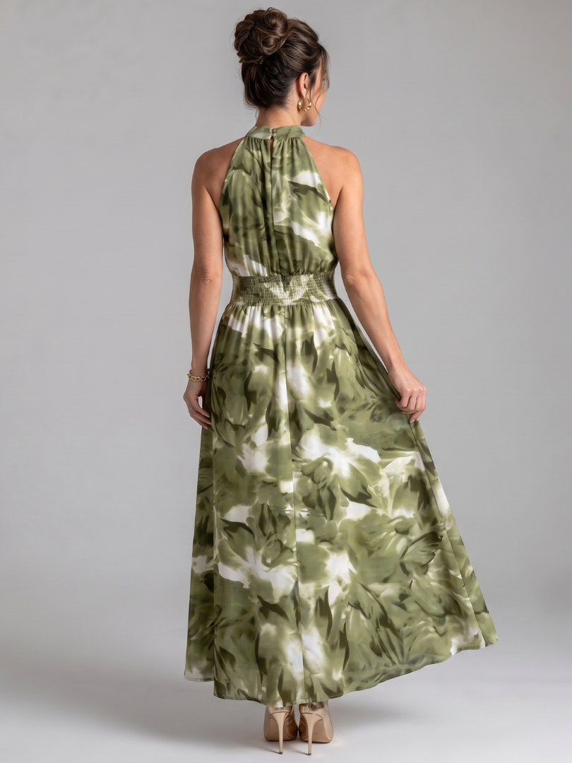 Vestido midi Olivia estampado com cintura franzida