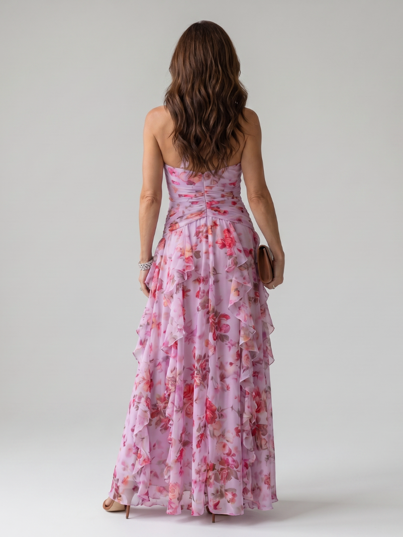 Vestido maxi Nori floral com corpo franzido