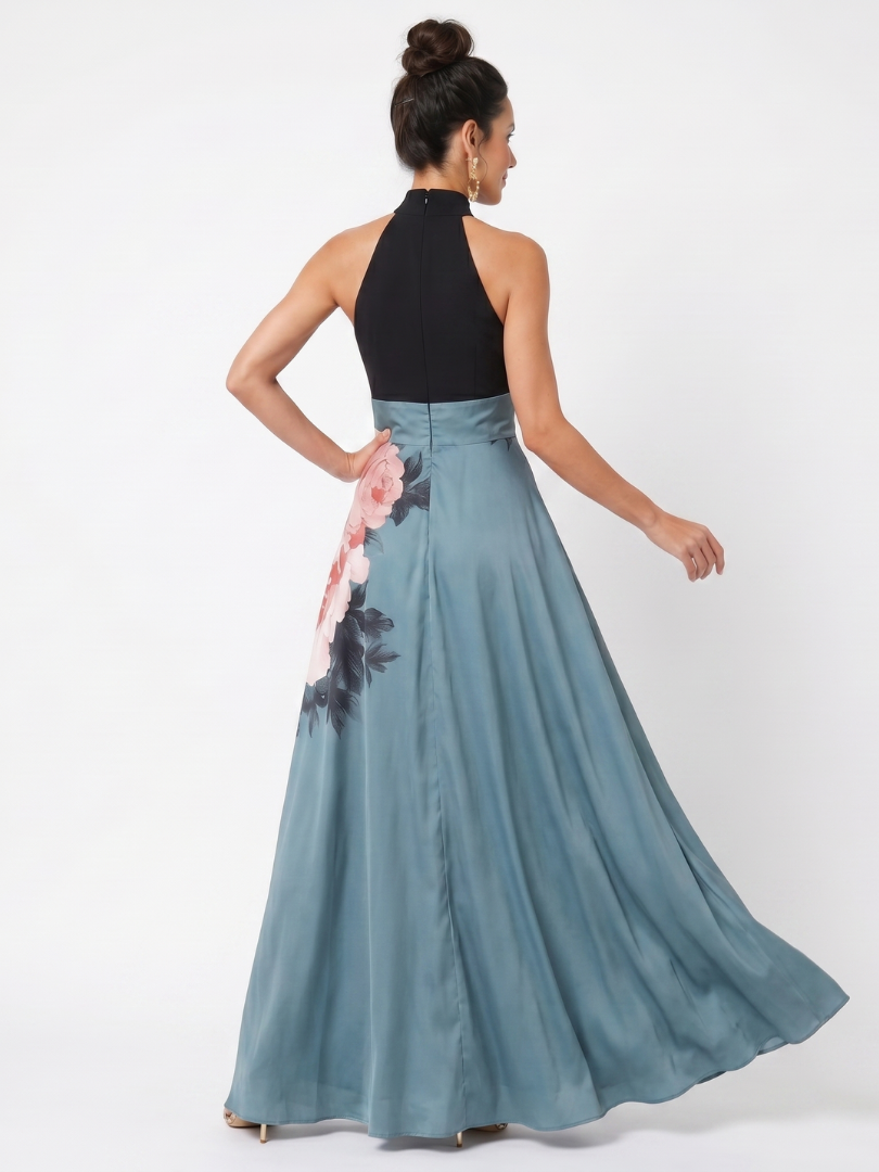 Vestido maxi Olympas halter com saia floral