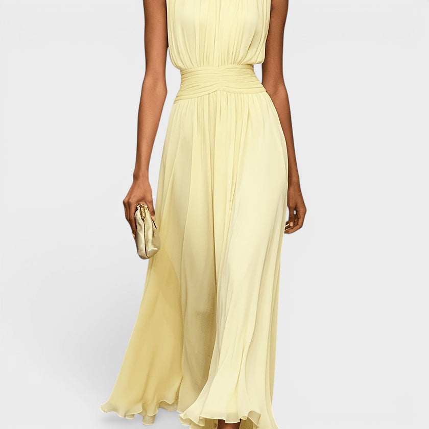 Vestido Maelle em chiffon com cintura drapeada e elegância fluida
