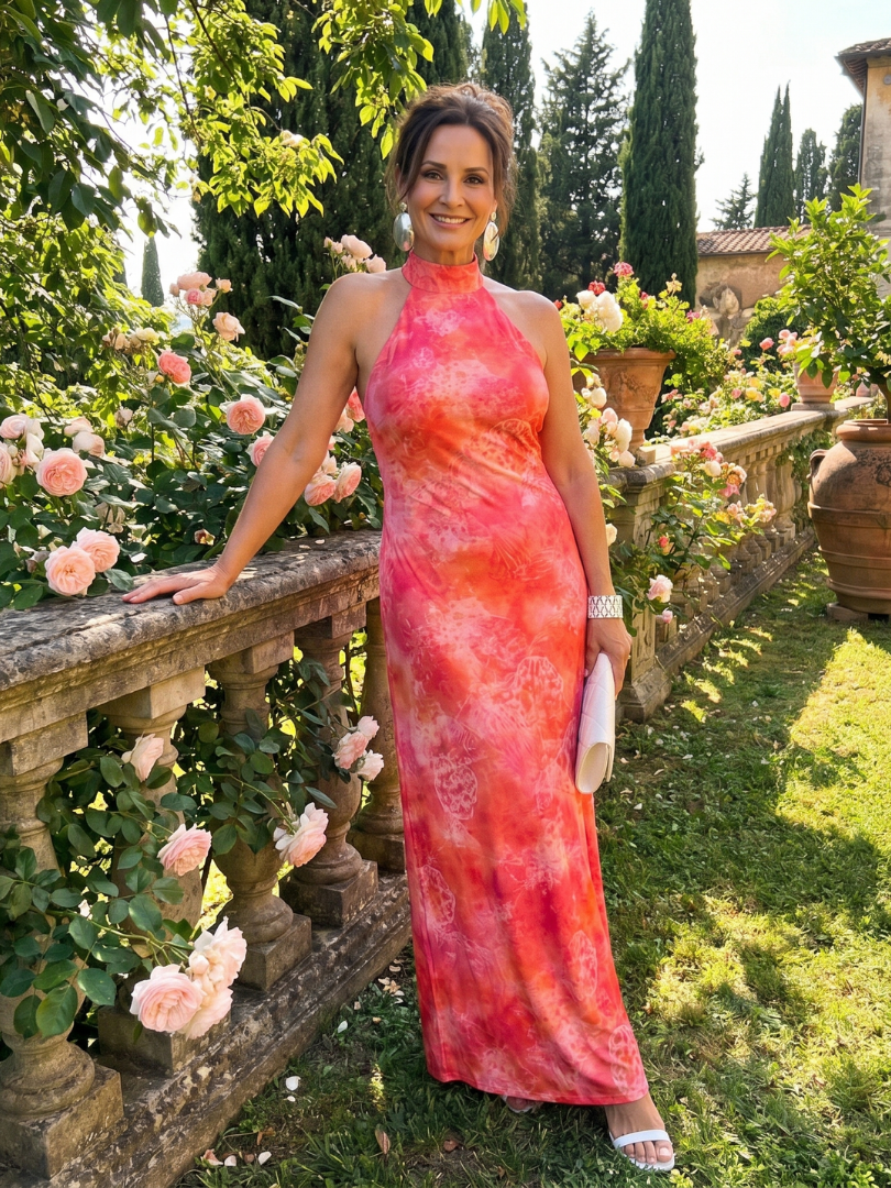 Vestido maxi Coraline halter com padrão estampado