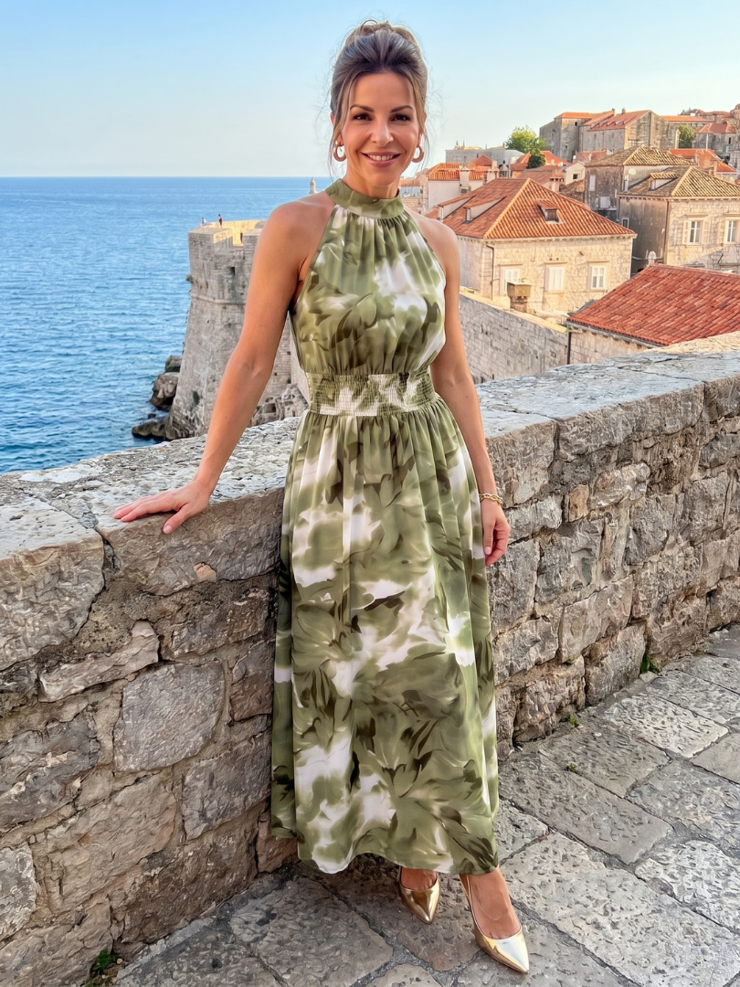 Vestido midi Olivia estampado com cintura franzida