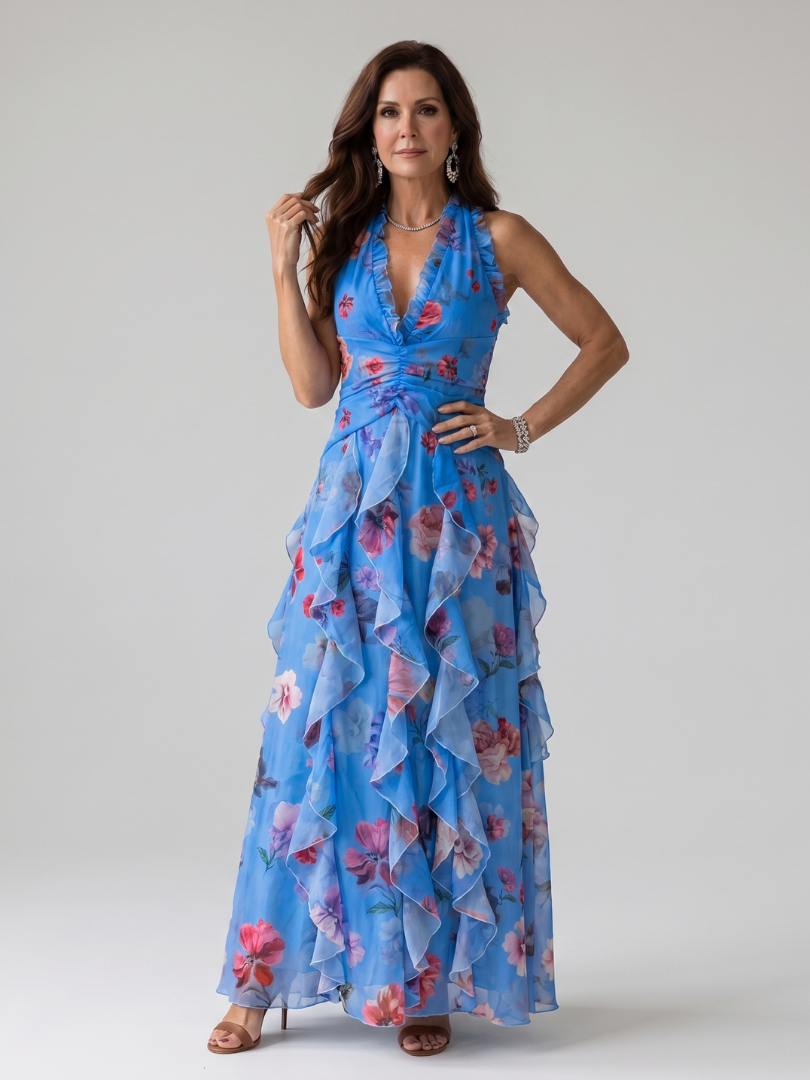Vestido maxi Nori floral com corpo franzido
