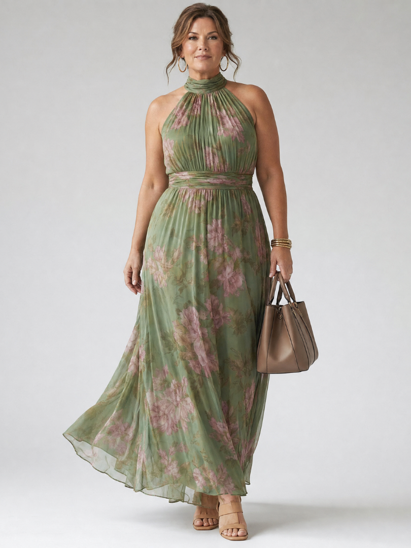 Vestido midi Mirelle com decote halter e franzido