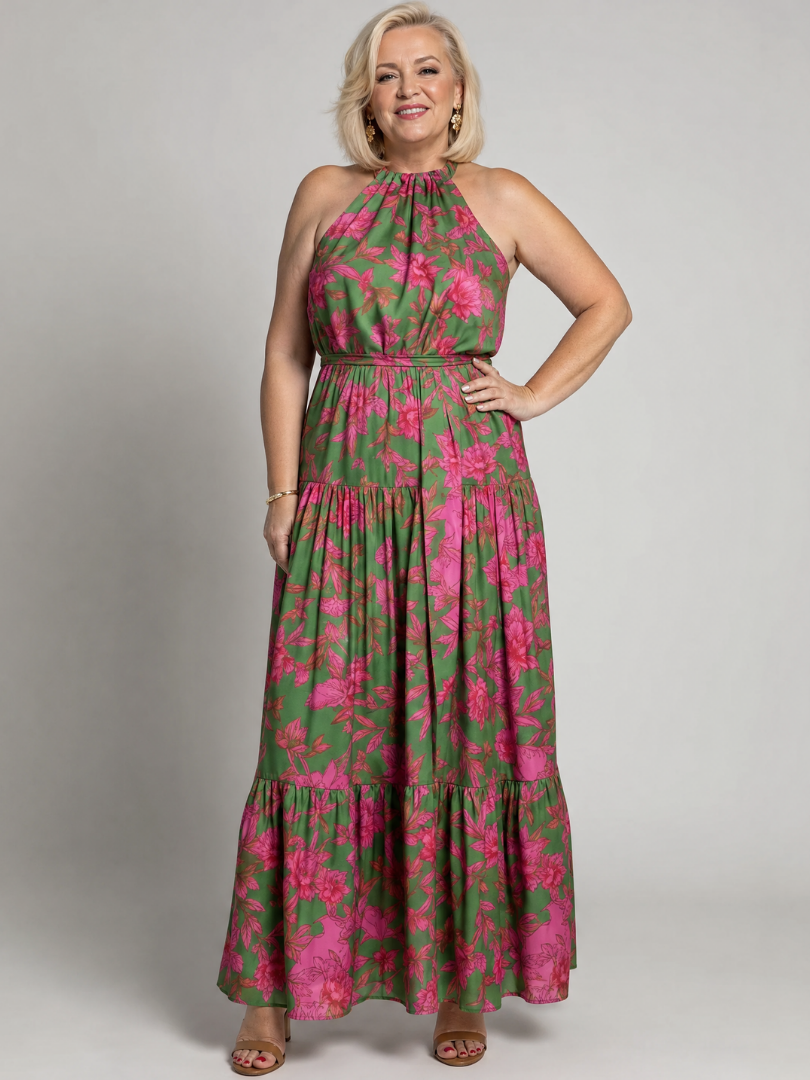 Teresa | Vestido Maxi Halter com Estampado Vibrante