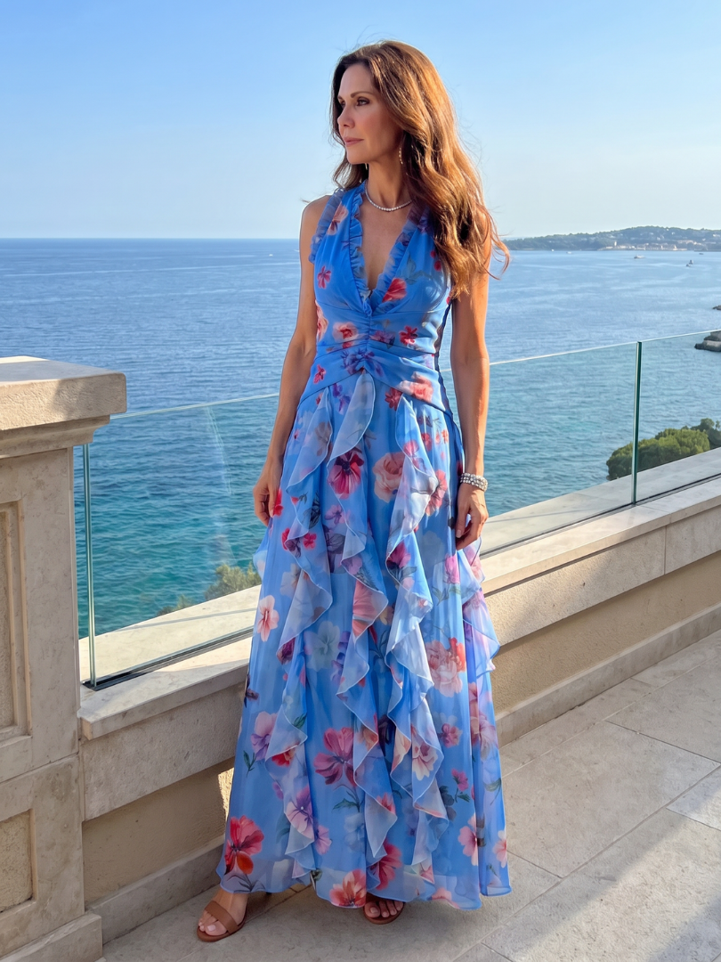 Vestido maxi Nori floral com corpo franzido