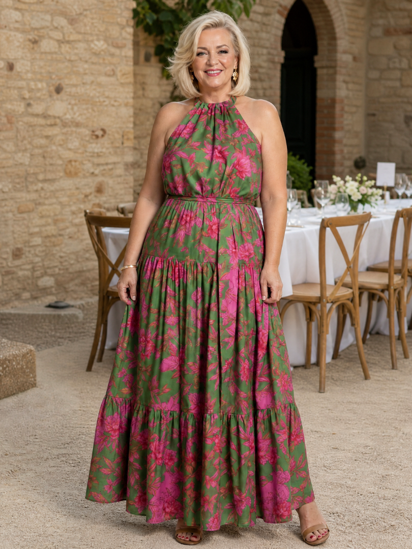 Teresa | Vestido Maxi Halter com Estampado Vibrante