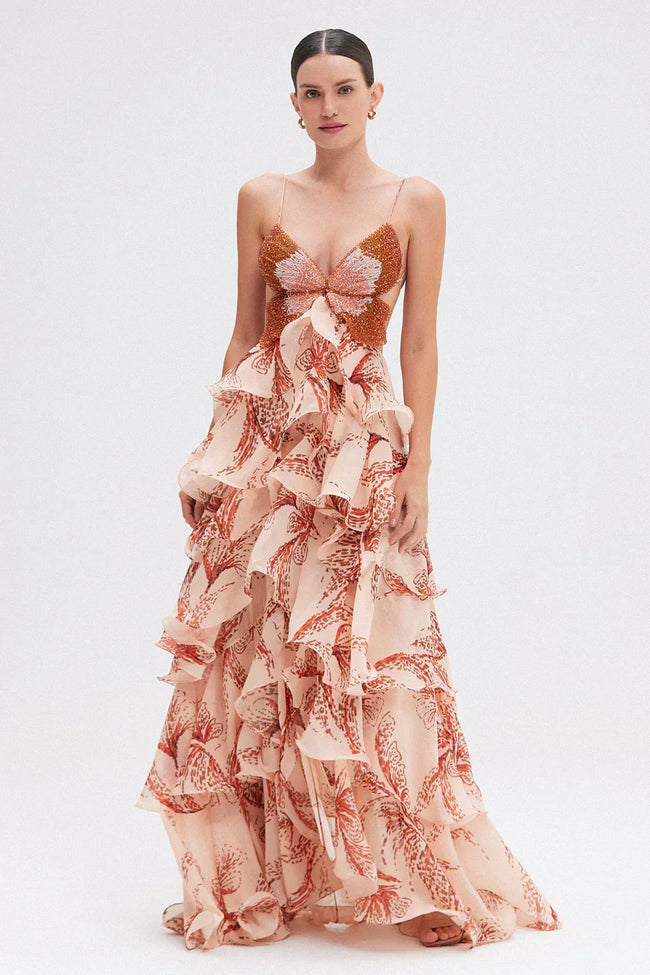 Lorena | Vestido Maxi em Camadas com Estampado Floral