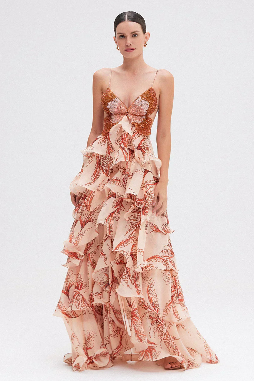 Lorena | Vestido Maxi em Camadas com Estampado Floral