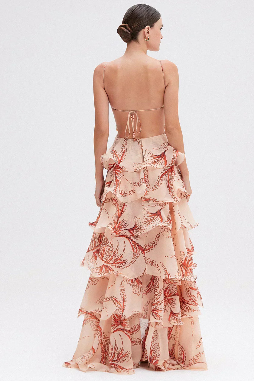 Lorena | Vestido Maxi em Camadas com Estampado Floral