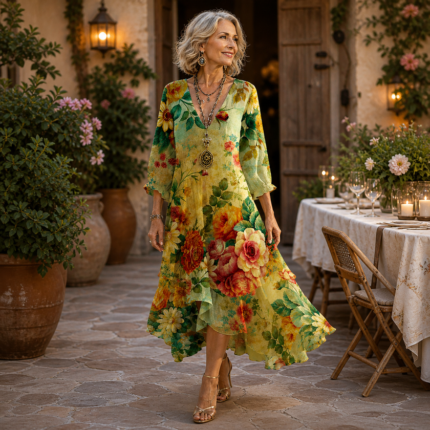 Fiorella — Vestido Floral Fluido com Bainha Assimétrica