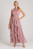 Vestido maxi Orea gola subida com folhos em camadas