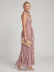 Vestido maxi Orea gola subida com folhos em camadas