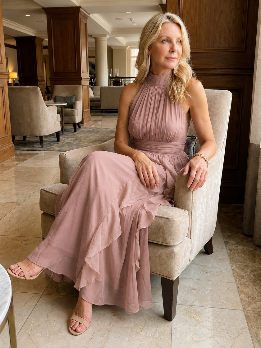 Vestido maxi Orea gola subida com folhos em camadas