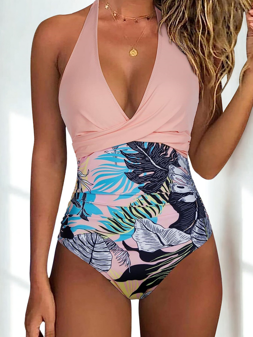 Maiô Folha Tropical – Decote em V e Estilo Escultural