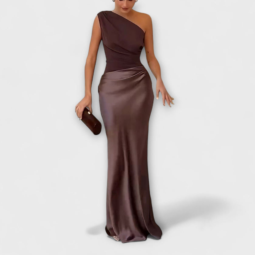 Vestido de cetim assimétrico feminino