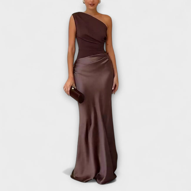 Vestido de cetim assimétrico feminino