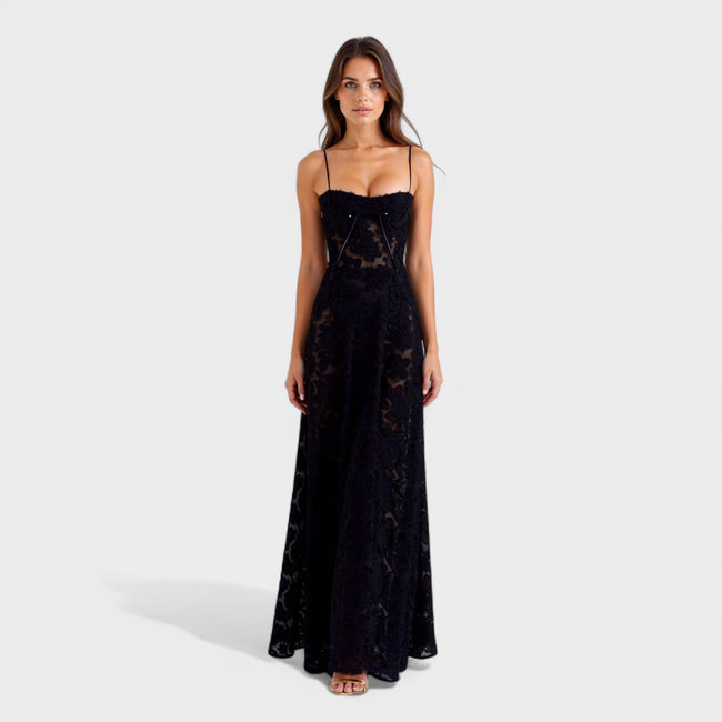 Vestido maxi em renda floral feminino