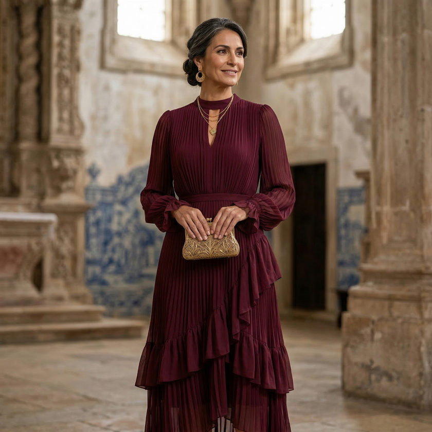 Mariana | Vestido Plissado com Mangas Fluídas e Folhos Assimétricos