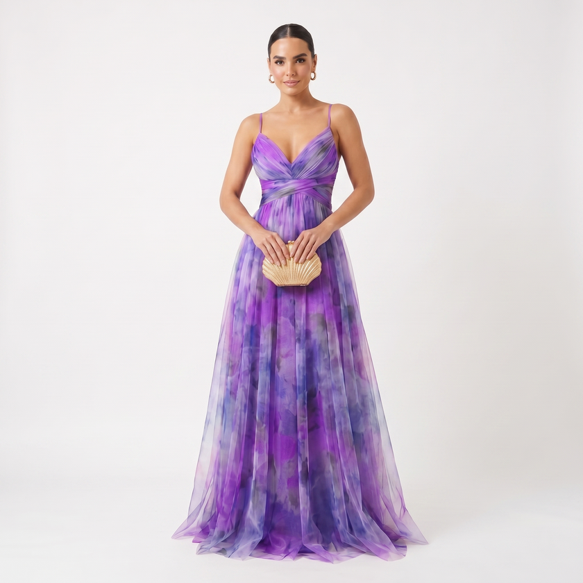 Helena | Vestido de Gala em Tule com Estampado Aguarela