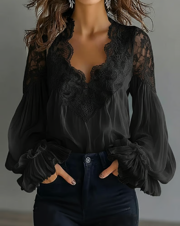 Laceva | Blusa com Renda Floral e Mangas Lanternas