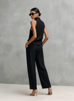 Conjunto Feminino Elegante de Top Sem Mangas e Calças em Algodão e Linho Preto