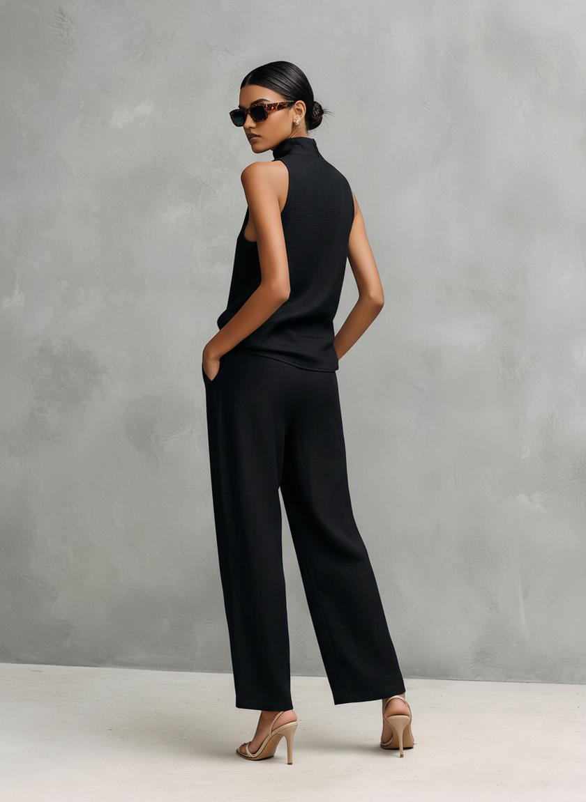 Conjunto Feminino Elegante de Top Sem Mangas e Calças em Algodão e Linho Preto