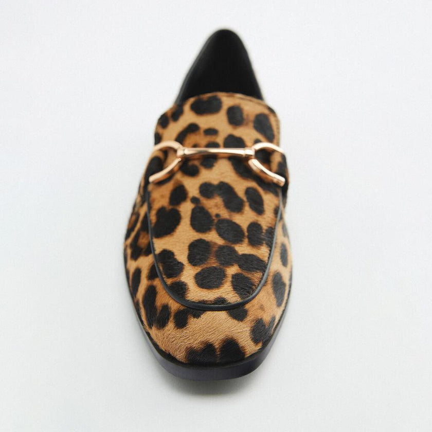 Adrianna - Mocassim de Leopardo com Bico Quadrado e Bridão