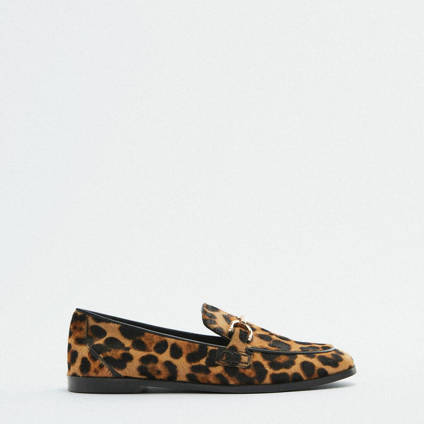 Adrianna - Mocassim de Leopardo com Bico Quadrado e Bridão