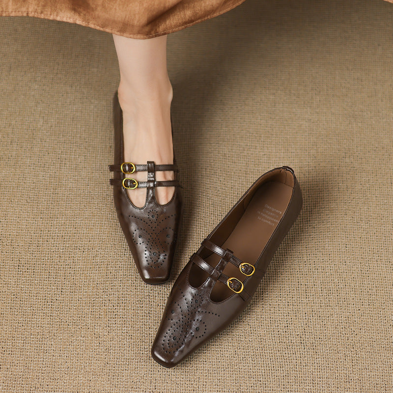 Ceyla | Sapatos planos Mary Jane de dupla alça com perfurações