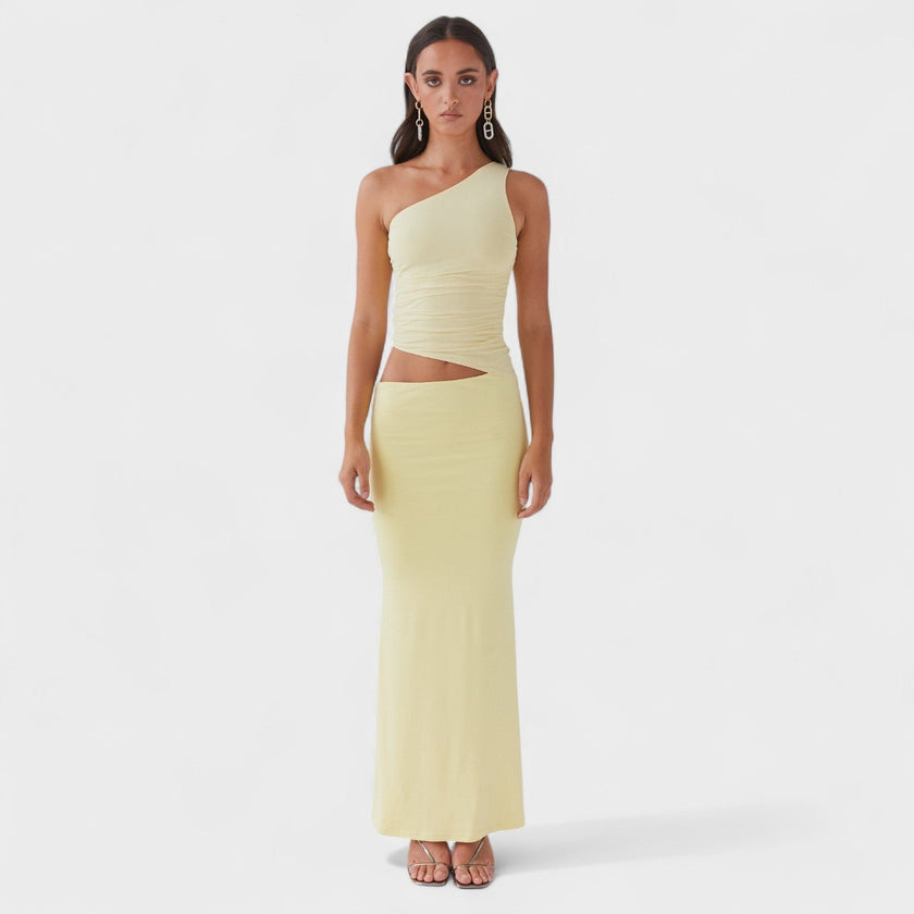 Vestido maxi assimétrico feminino