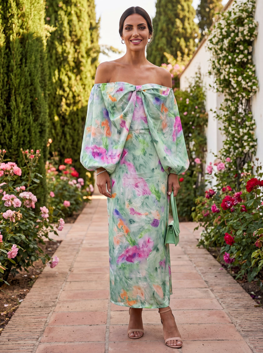 Emília | Vestido Midi Floral de Ombros Descobertos