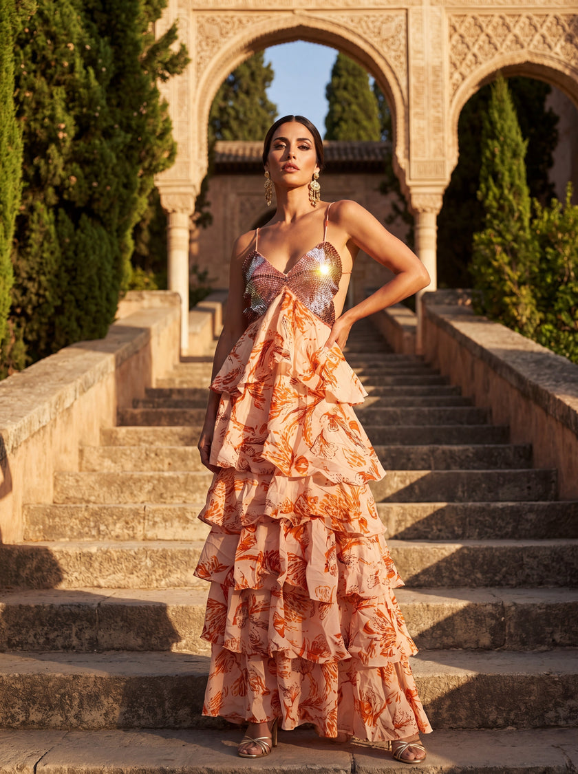 Lorena | Vestido Maxi em Camadas com Estampado Floral