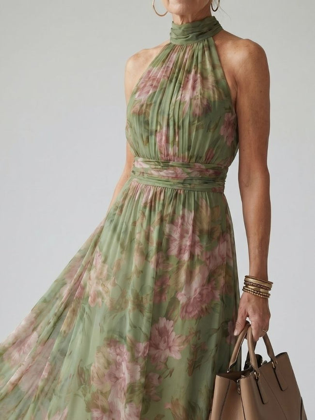 Vestido midi Mirelle com decote halter e franzido